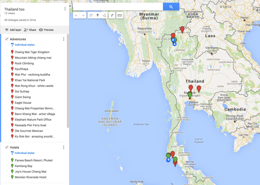 Used google maps to create a personal map with tourist destinations in Thailand.
