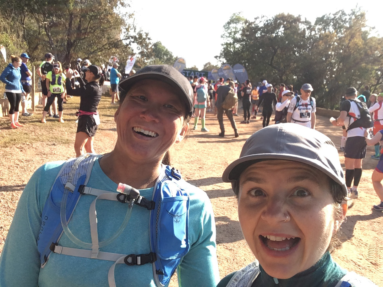 Kyla and Michele at the start line of the big-five marathon